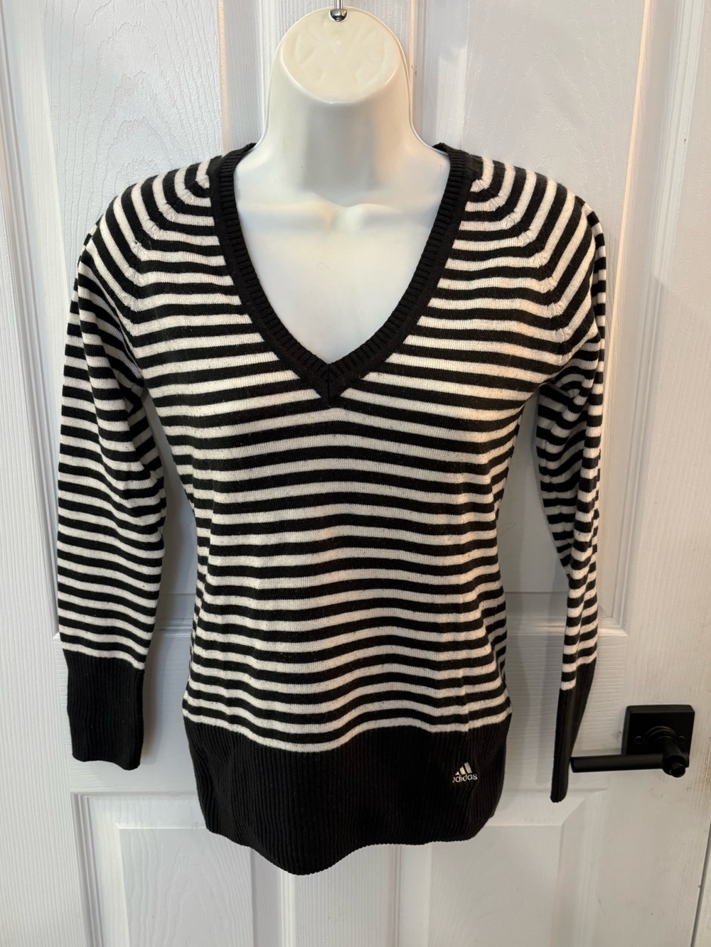 Adidas Women's Navy & White Striped V-Neck Sweater